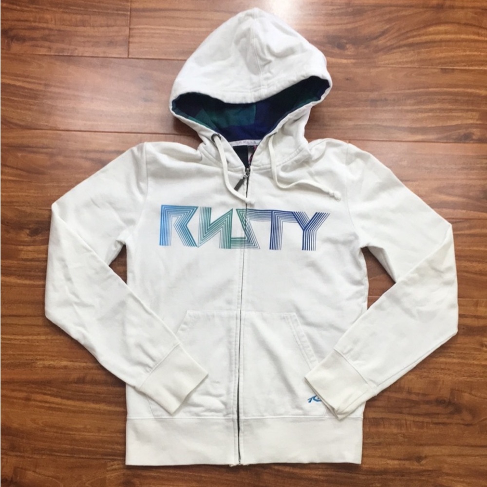 Rusty Off White Y2K Full Zip Logo Hooded Sweatshirt Size Small Streetwear Retro